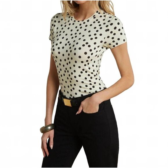 L'Agence Ressi Fitted Short Sleeve Tee in Ecru / Black Polka Dot Made in USA XS - Picture 3 of 8